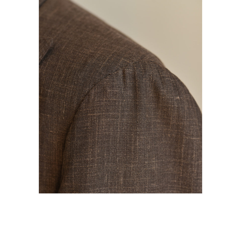 Amidé Hadelin | MTO | Orange Label Loro Piana wool/silk/linen double breasted jacket - dark brown_shoulder