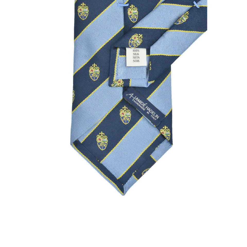 Amidé Hadelin | Amidé Hadelin crested silk tie, Handmade in Italy - light blue/navy_back