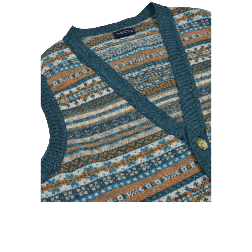 Fair Isle lambswool sleeveless cardigan - sea blue_neck