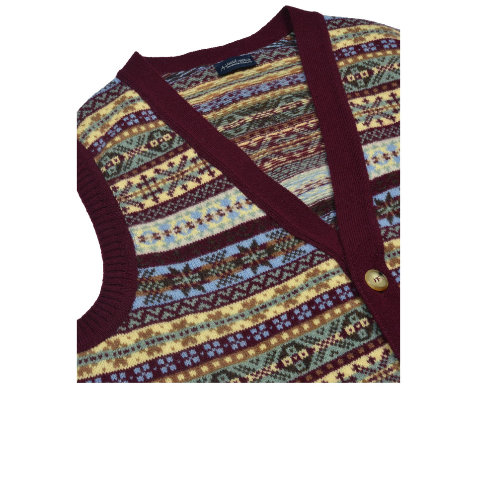 Fair Isle lambswool sleeveless cardigan - burgundy_neck