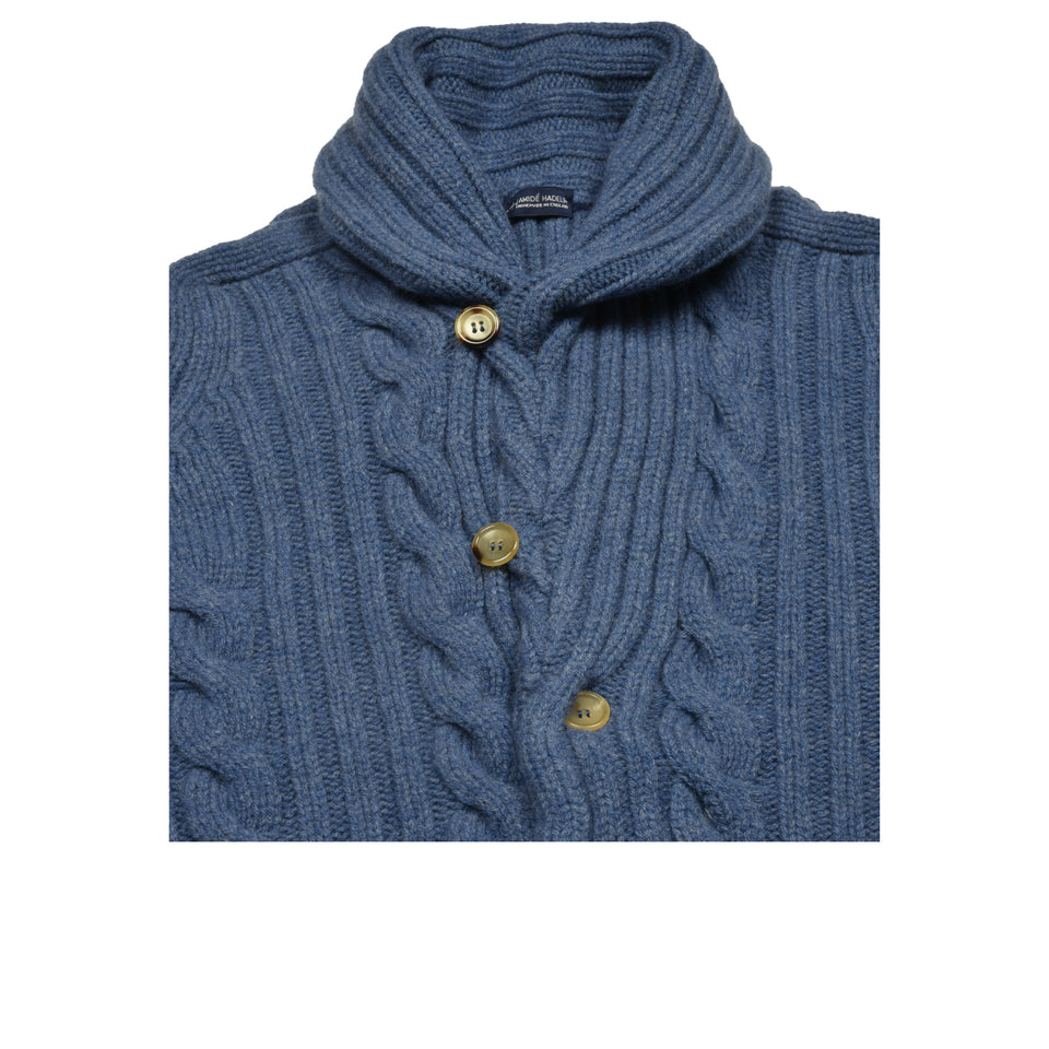 Amidé Hadelin | Lambswool cable knit shawl collar cardigan - blue_buttoned