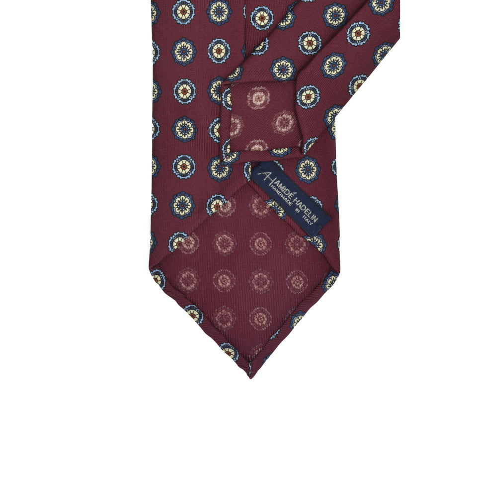 Amidé Hadelin | Handprinted silk medallion tie untipped, burgundy_back