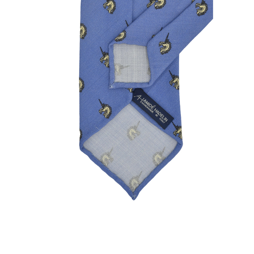 Amidé Hadelin | Handprinted wool challis unicorn tie untipped, light blue_back