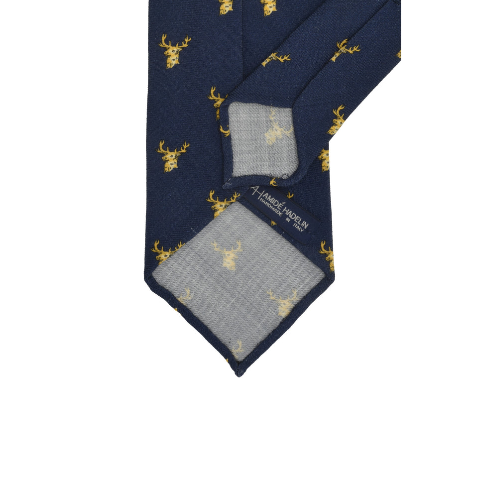 Amidé Hadelin | Handprinted wool challis stag tie untipped, navy_back