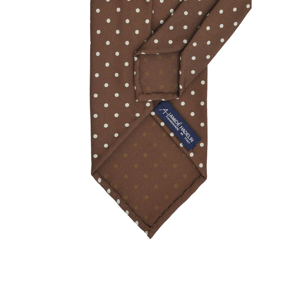 Amidé Hadelin | Handprinted polka dot silk tie untipped, brown_back